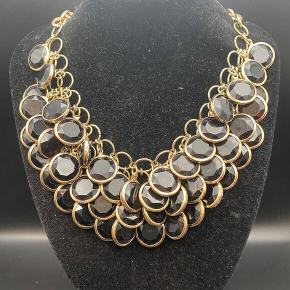 Black Faceted Acrylic Bib Necklace Muted Gold Tone Statement Color Layer 20+2" - Picture 2 of 6